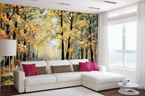 Vlies Fototapete - Gemälde - Wald mit abgefallenen Blättern 375 x 250 cm